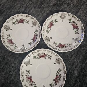 3 Myott Staffordshire BOUQUET Crazed Red & Blue Flowers Swirl - TEA CUP SAUCER